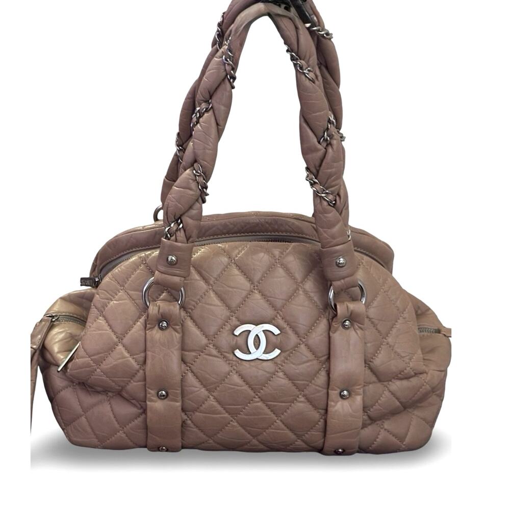 Chanel Lady Braid Bowler Bag  Distressed Lambskin Taupe Quilted Satchel 13”
